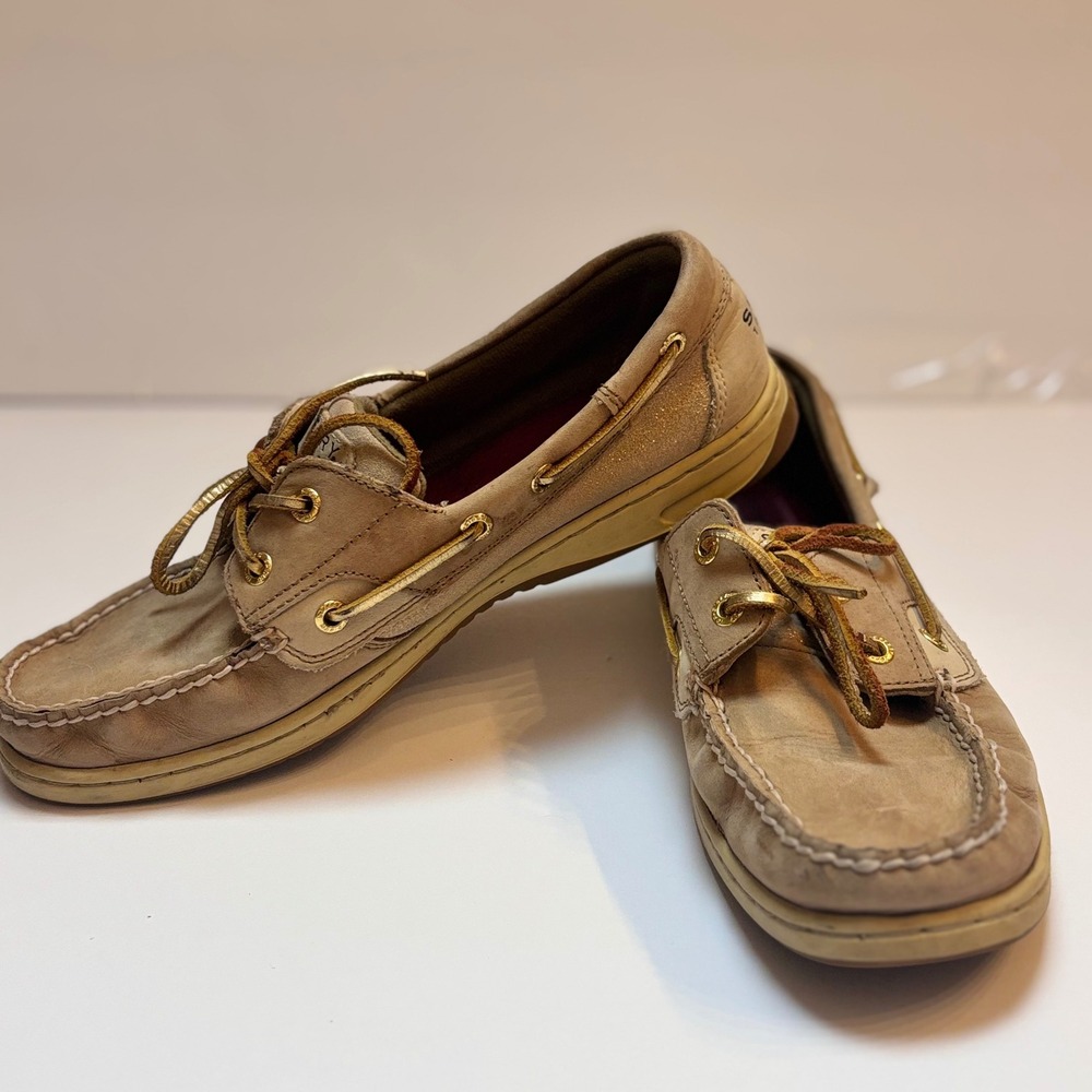 Sperry Top-Sider Women 9M Tan Leather Gold Metallic Boat Shoes boat Shoes Sperry - Picture 2 of 9